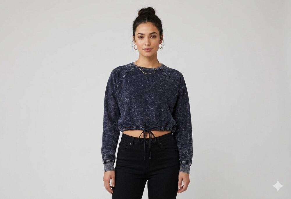 Gray Acid Wash Cropped Sweatshirt Tie Hem Long Sleeve Small Urban Y2K Grunge